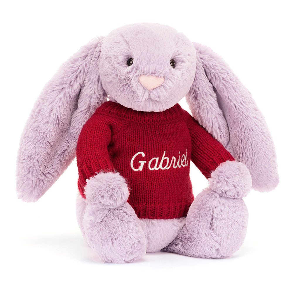 Bashful Lilac Bunny with Personalized Red Jumper